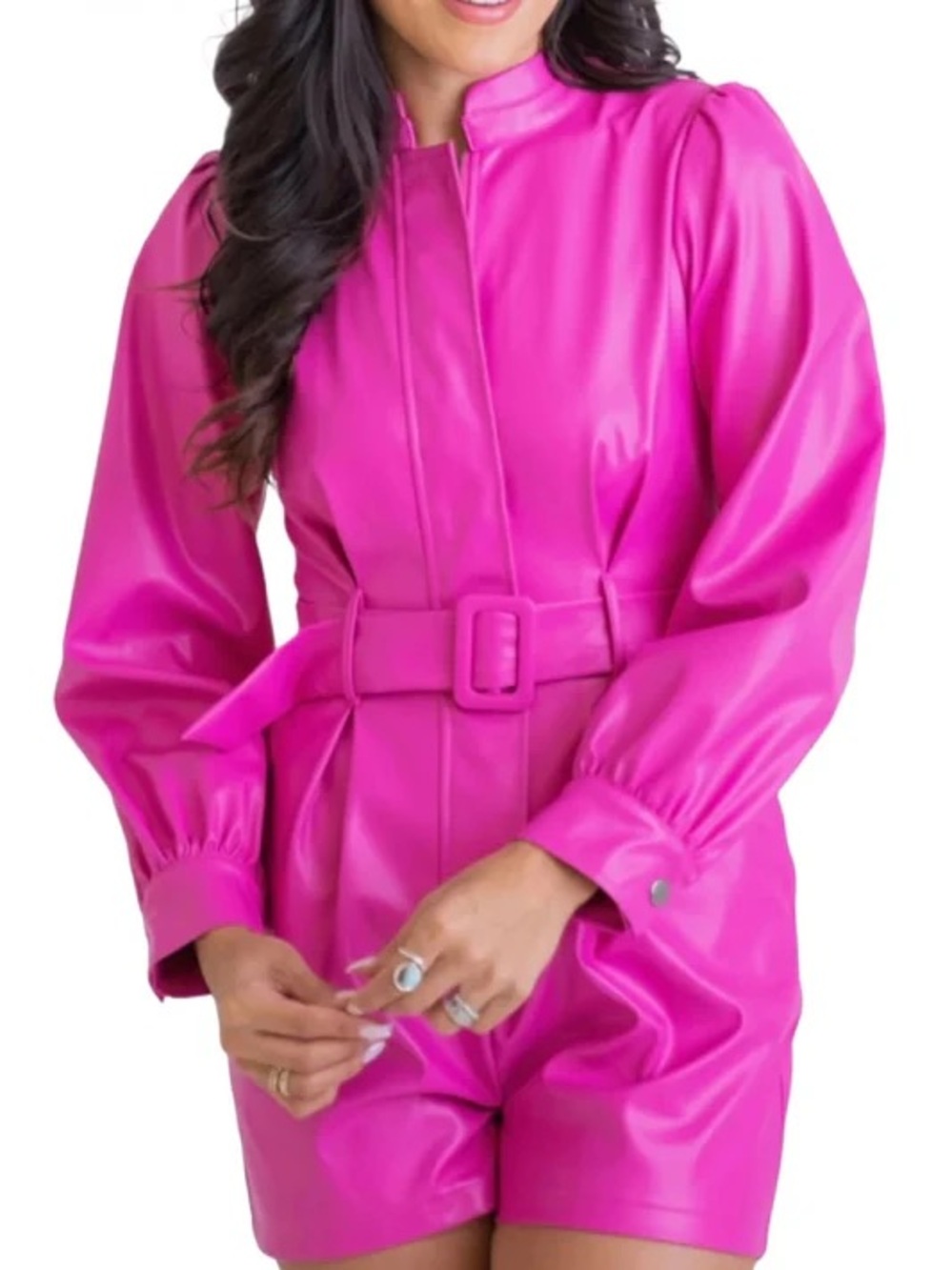 NWT Karlie Barbie Pink Long Sleeve Belt Detail Faux Leather Romper Size L